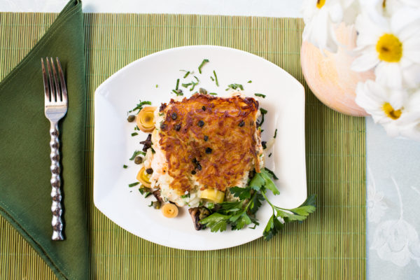 Wild Shrimp Scallop & Cod Fish Pie w’ Leeks & Rosti Potato Topping