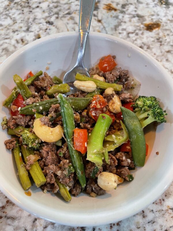 Korean Style Allstad Farm Beef, Asparagus, Sweet Pepper, Bean, Broccoli & Cashew Stir Fry