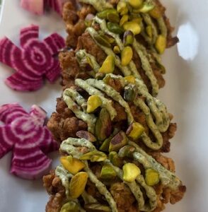 Cauliflower Fritters w' Green Tahini Sauce & Pistachios
