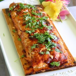Maple Red Pepper Glazed Faroe Islands Salmon Cooked on a Cedar Plank