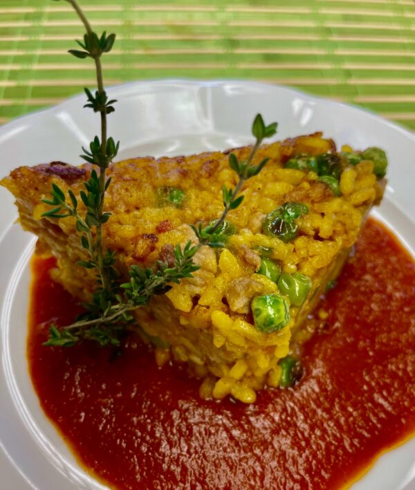 Sherried Duck, Green Olive  Saffron Paella Cakes w' Tomato Cardamom Sauce