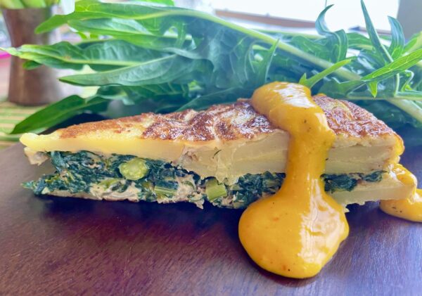 Spanish Potato Tortilla w' Wild Dandelion Greens & Lacinato Kale Filling, Smoked Paprika Aioli