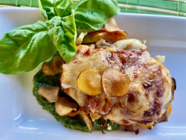 Spanish Vegetable Chevre Lasagna w'Arugula & Watercress Puree & Sunchoke Chips