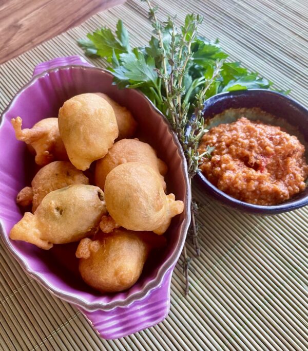 Pine Nut & Caper Stuffed Olive Fritters w' Hazelnut Romesco Sauce