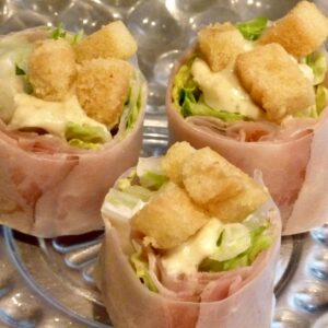 Prosciutto wrapped  mini Caesar Salad Roll w’ Tiny Croutons