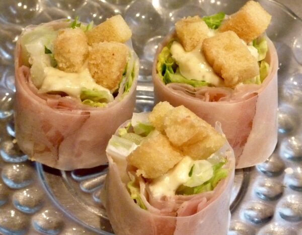 Prosciutto wrapped  mini Caesar Salad Roll w’ Tiny Croutons