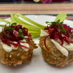 Japanese Spring Vegetable Potato Fritter w' Wasabi Ginger Sauce & Sesame Pickled Petes Purple Carrots
