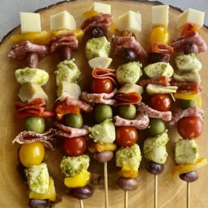 Antipasto Skewers of Italian Salami Olives Pesto Rolled Bocconcini Roasted peppers Artichoke & Cherry Tomatoes