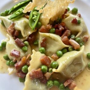 House Made Butternut Squash Ricotta Agnolotti w’ Prosciutto, Peas Crispy Sage & Herb Butter