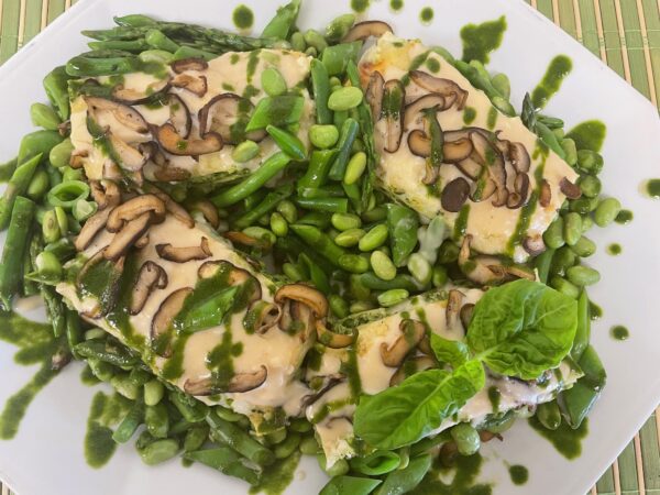 House Made Pea Ricotta Lasagna w’ Shiitake Mushrooms , Asparagus Peas, Beans & Herb Butter