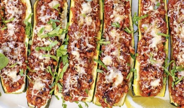 Vegan Mediterranean Lentil Walnut Herb Stuffed Zucchini Boats w' Coconut Yoghurt Tzatziki