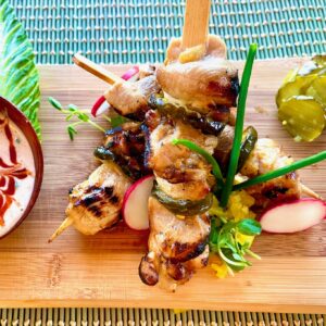 Buttermilk Brined Chicken & Pickle Skewers w' Japaleno Ranch Dip