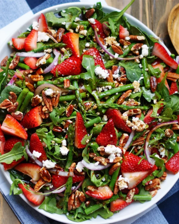 Local Spring Greens Salad w' Grilled Asparagus, Strawberries, Local Chevre & Maple Pecans, Maple Balsamic Vinaigrette