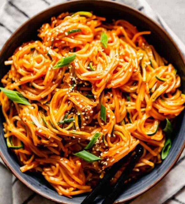 Korean Spicy Sesame Vegetable Noodles w' Edamame Beans,  Scallions, Carrots, Bok Choy and Greens