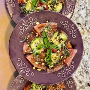 Watermelon Carpaccio w' Pistachios, Heirloom Tomato, Avocado, Micro Greens & Balsamic Drizzle