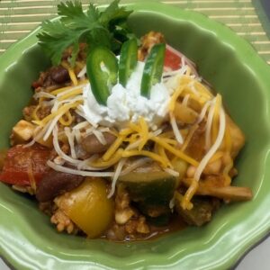 Vegetable Bean & Sweet Potato Chili w' VT Sour Cream, Mexican Cheeses & Jalapeños