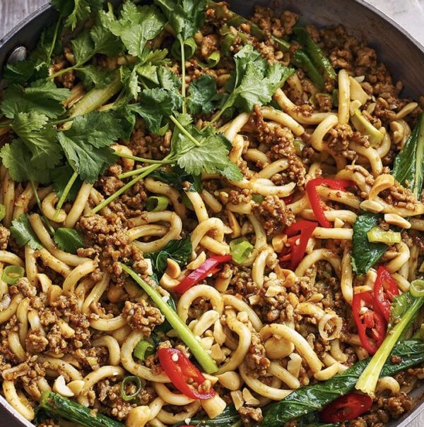 Spicy Pork in Black Bean Sauce w’ Cilantro, Peanuts, Asian Greens &  Noodles