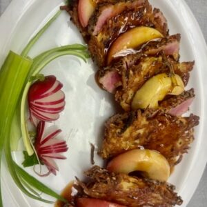 Pink Peppercorn Seared Ahi Tuna, Mapled Apples & Potato Parmesan Pancakes w' Horseradish Cider Reduction