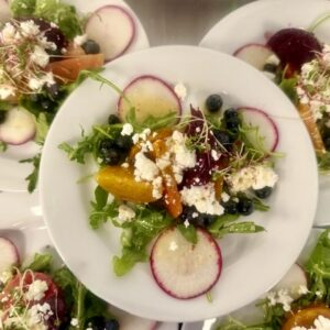 Roasted Beet & Blueberry Salad w' Spring Radishes Vt Chevre & Micro Greens  Fennel Honey Mustard Dressing