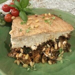 Vegan Shepherdess Pie w' smoked Paprika Roasted Vegetables, Butterbean Mash,Tahini Crust & Pine Nuts